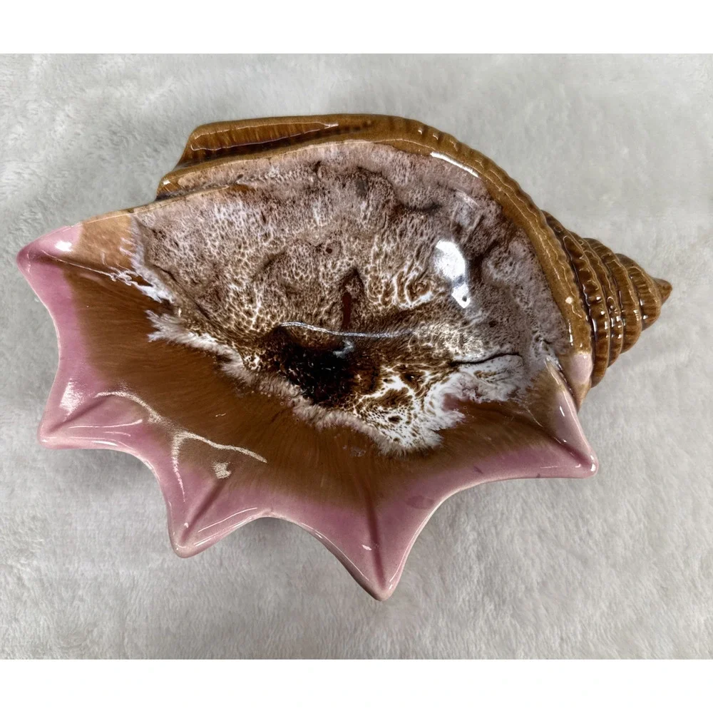 Studio Pottery Sea Shell Candy Trinket Dish Brown & Pink Glazed Benefits Charity